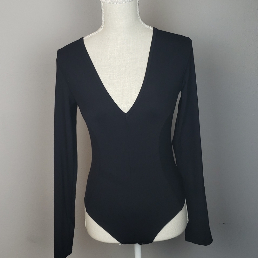 Free People Black Deep V Plunge Thong Bodysuit Size Small